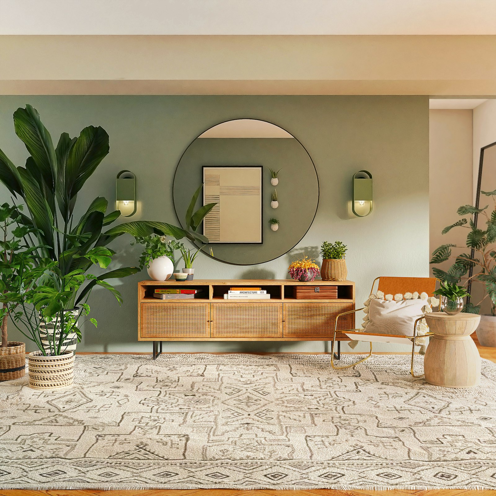 Warm living room with framed art